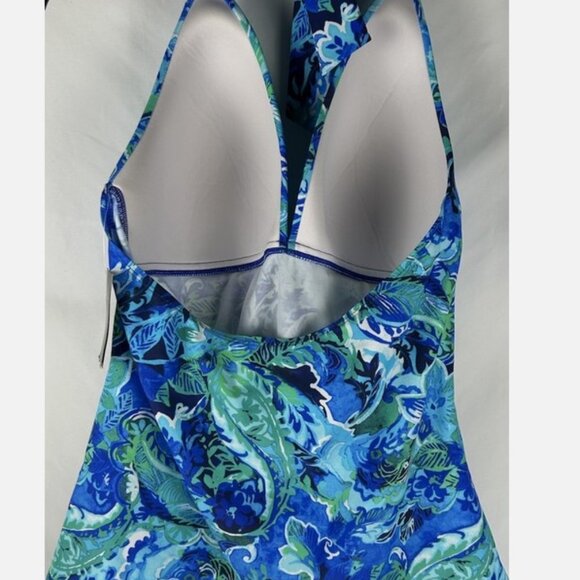 NWT Lauren Ralph Lauren Blue Floral Halter Swim Tankini 14 Plunge No Underwire - Picture 2 of 6